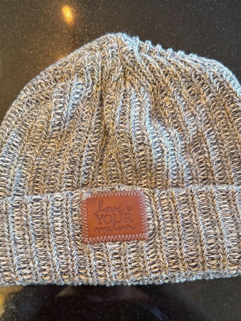 Love Your Melon Kids Ribbed Knit Beanie - Gray with Brown Patch